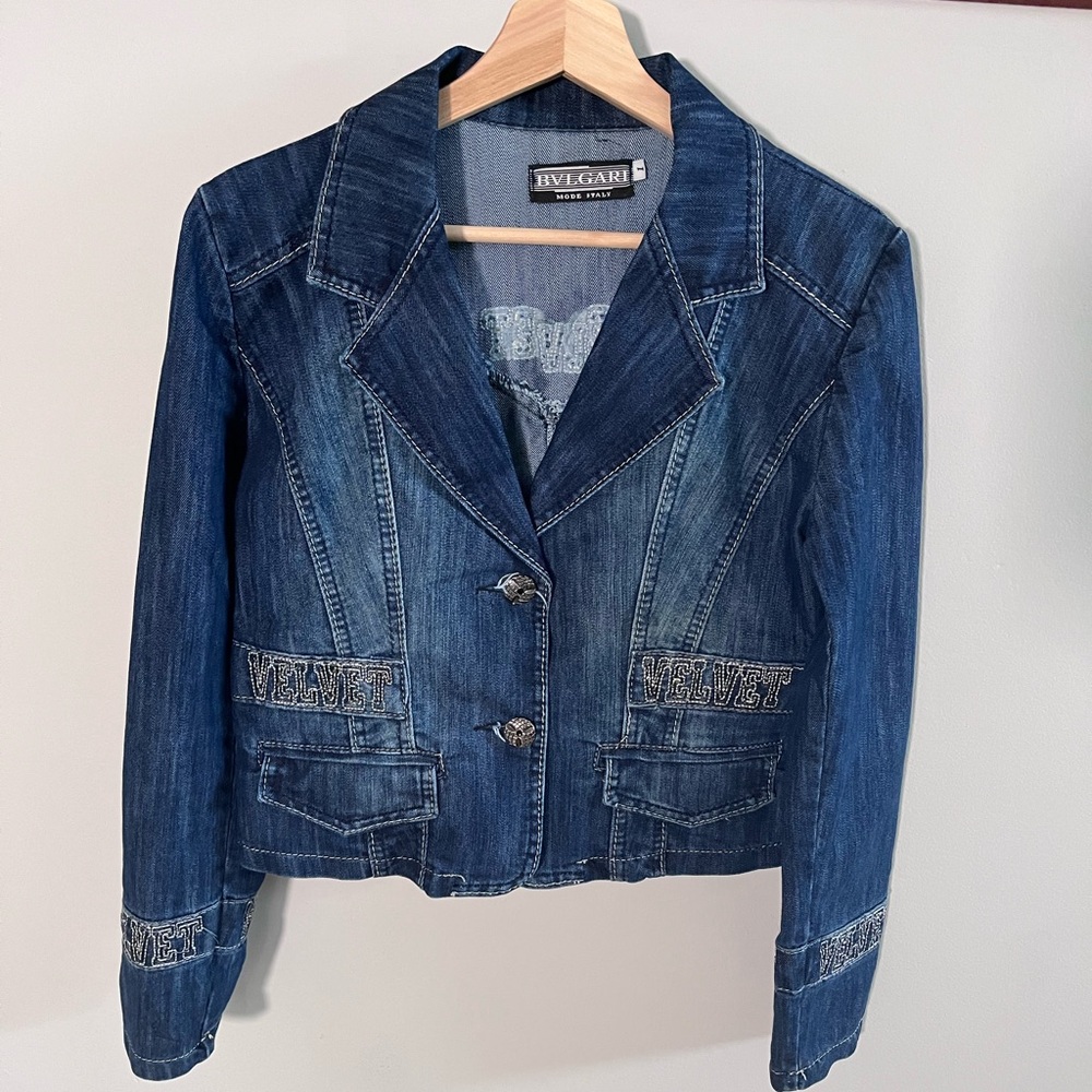 Bulgari Indigo‎ Denim Jacket Women's Velvet Lettering Designer Casual Jacket